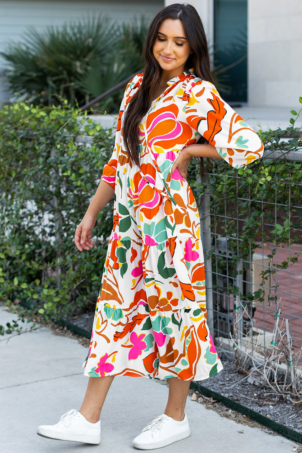 Floral Print Split V Neck Tiered Maxi Dress