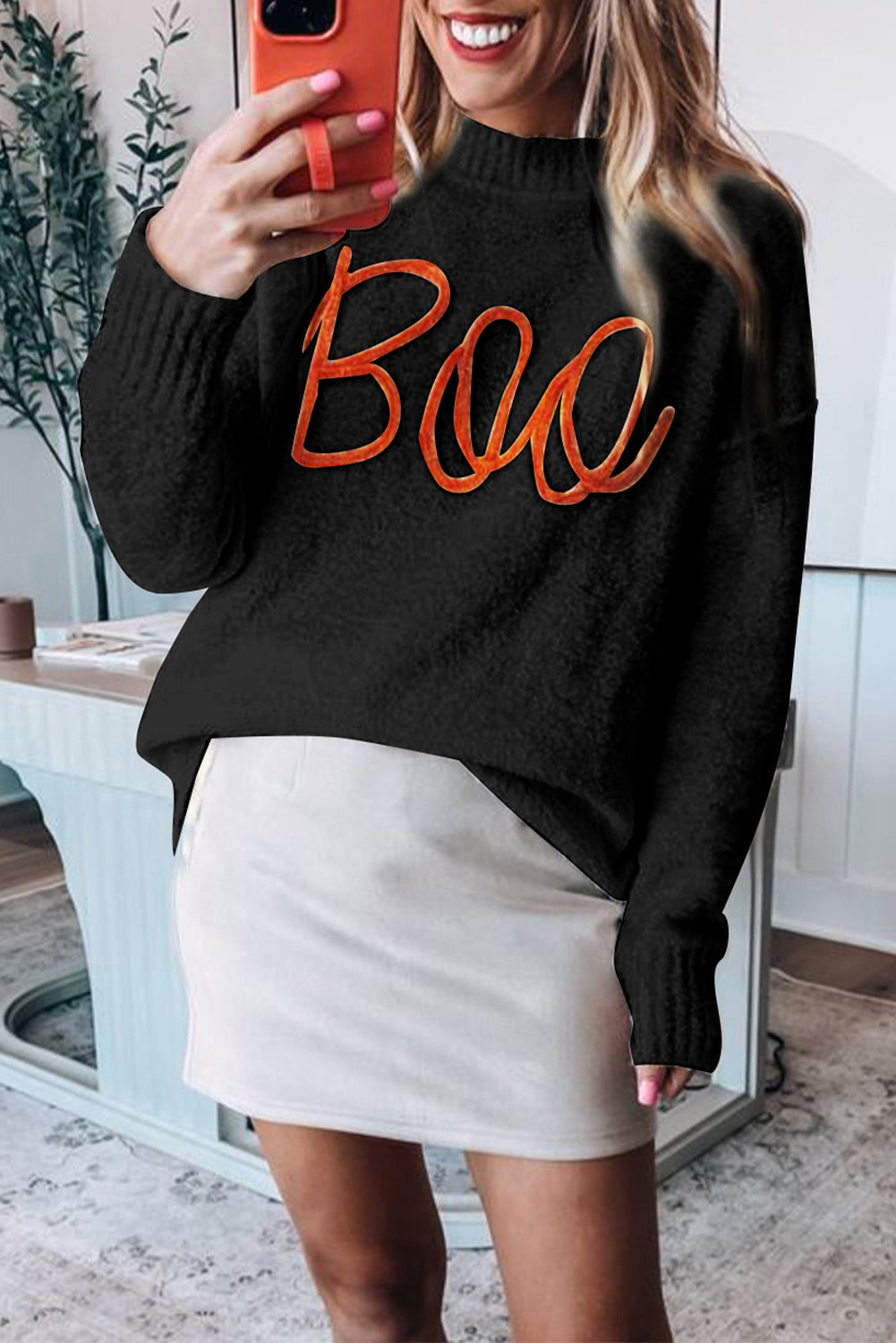 Boo Knitted Pattern Ribbed Edge Drop Shoulder Sweater