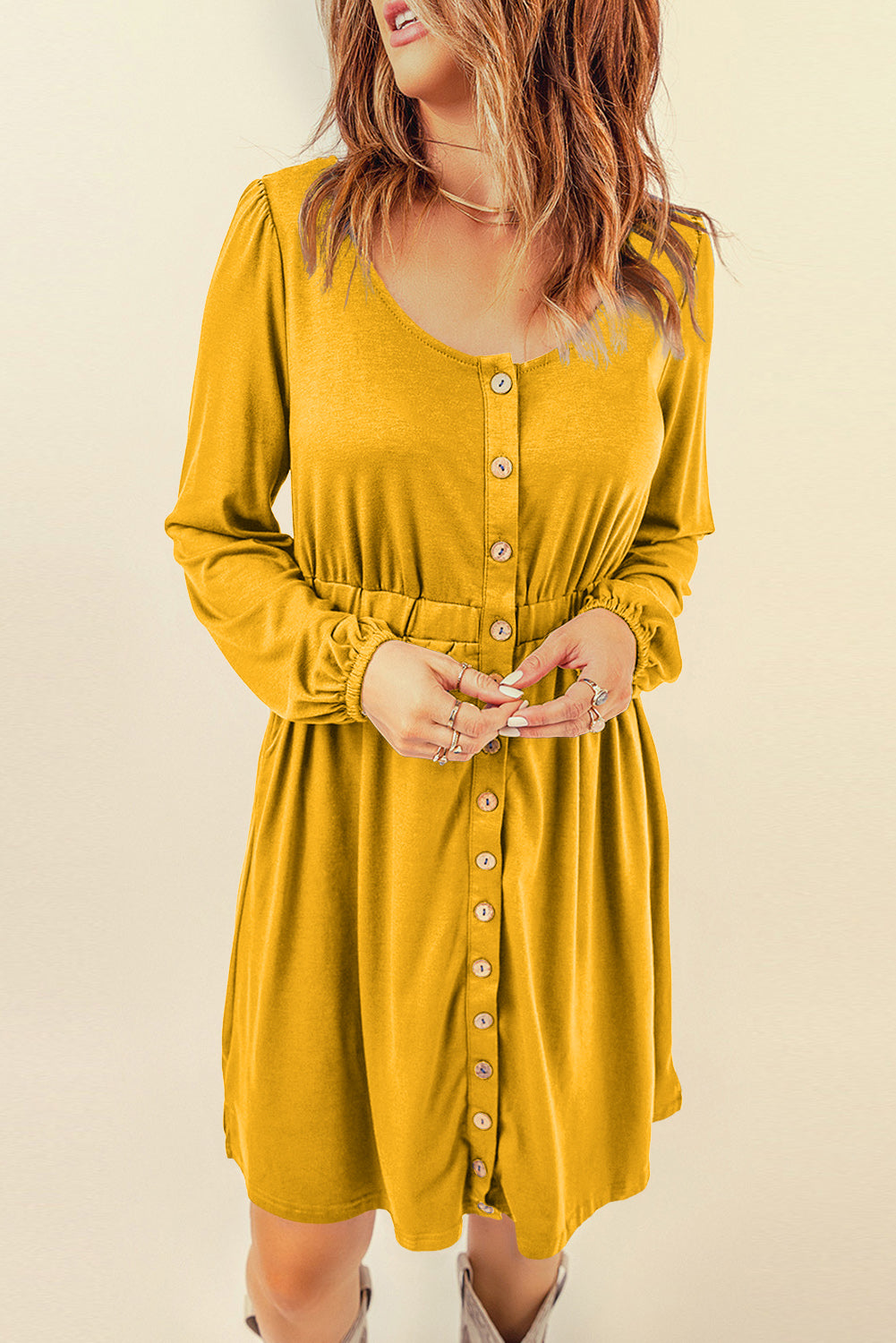 Green Button Up High Waist Long Sleeve Dress