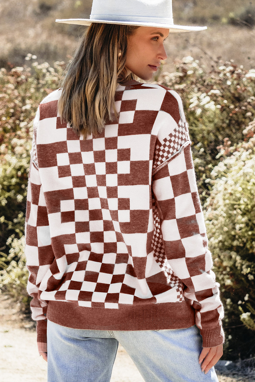 Checkered Print Drop Shoulder Round Neck Sweater