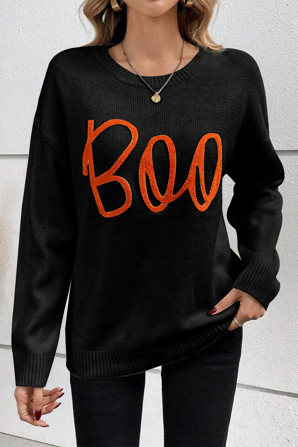 Boo Knitted Pattern Ribbed Edge Drop Shoulder Sweater