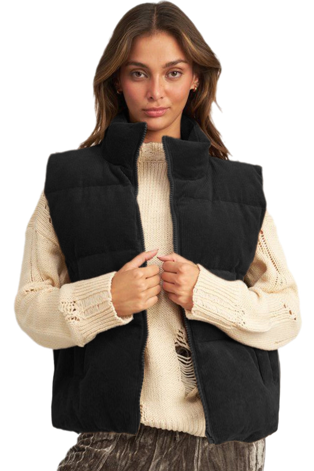 Corduroy Stand Neck Zipped Puffer Vest