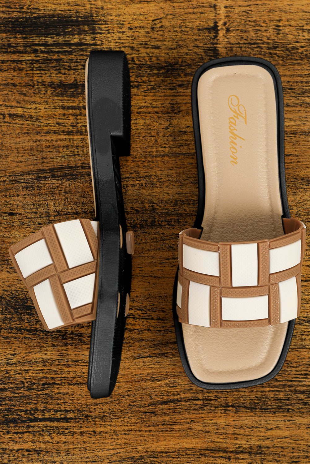 Beige Two Tone Contrast PU Leather Square Toe Sandals