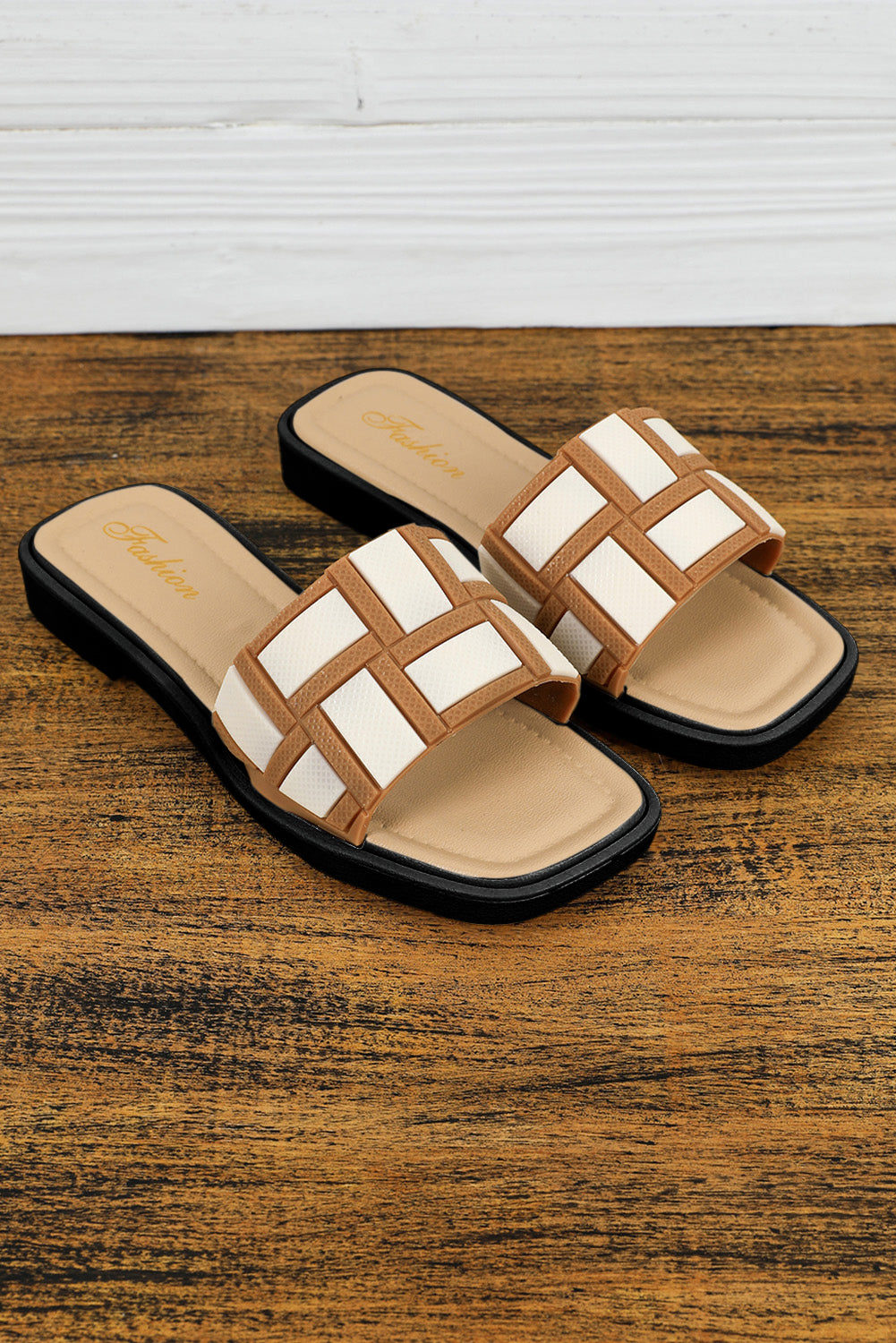 Beige Two Tone Contrast PU Leather Square Toe Sandals