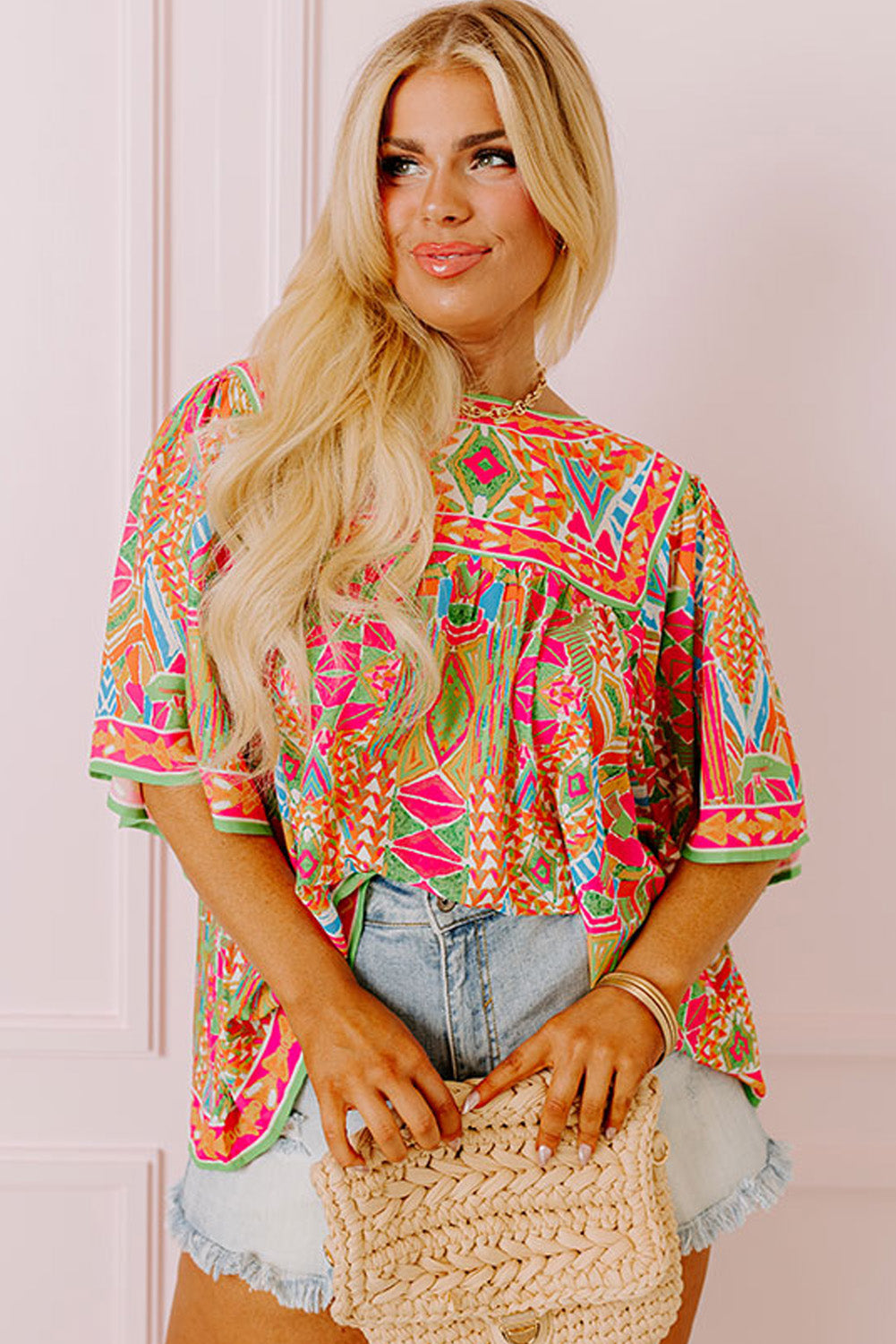 Cute Fashion Printed Wide Sleeve Plus Size Blouse