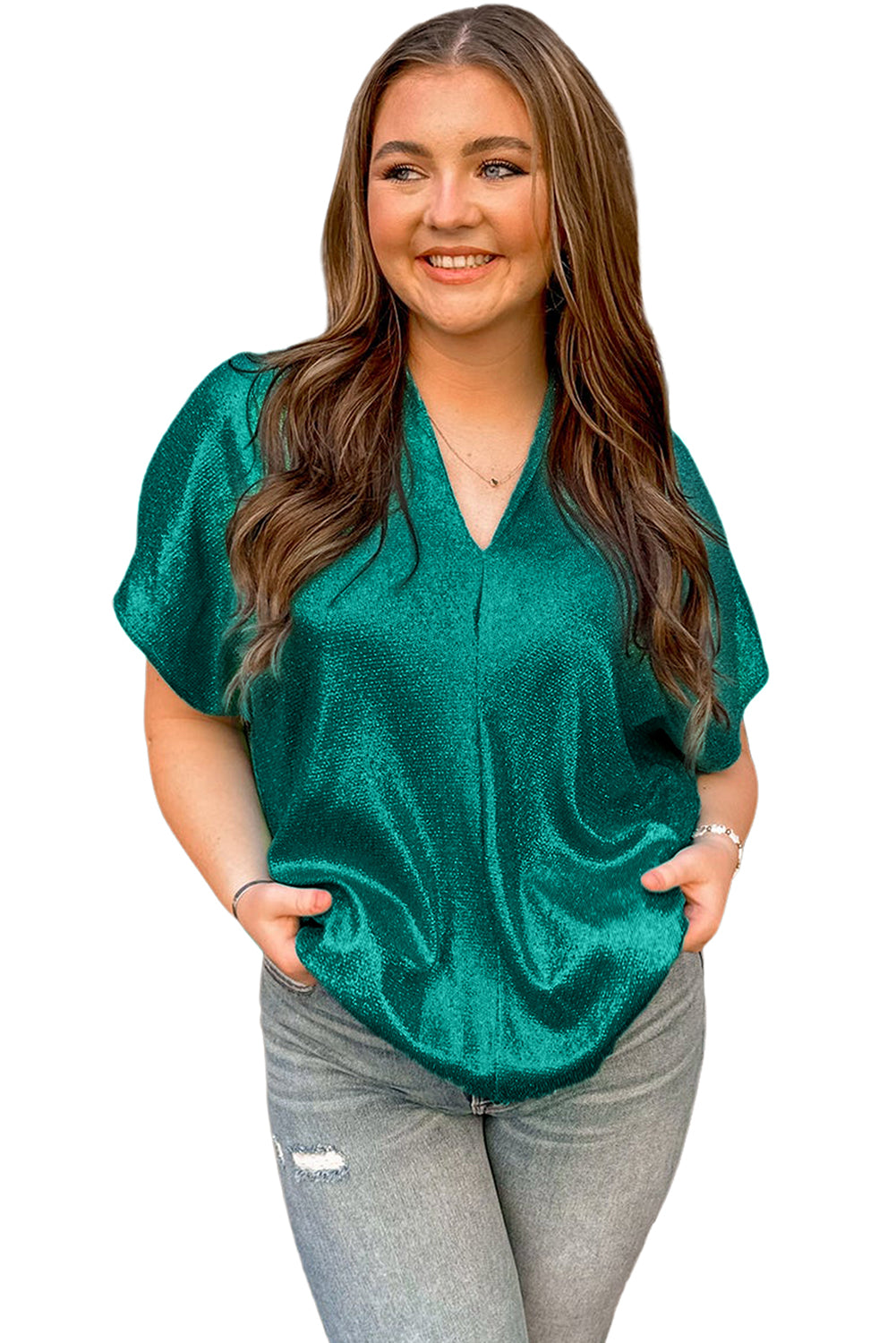 Skobeloff Metallic Look V Neck Plus Size Tee