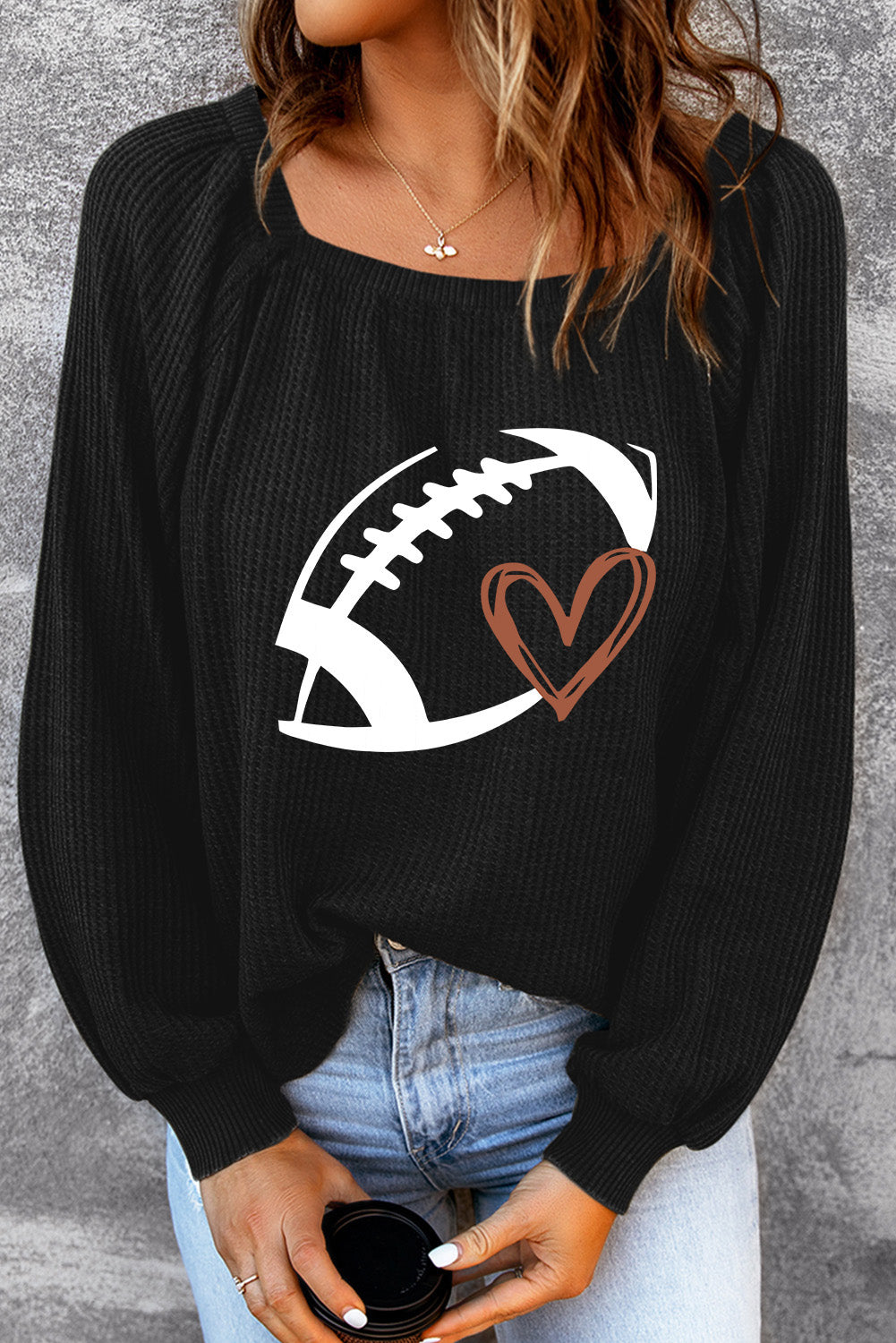 Black Football Print Square Neck Puff Sleeve Waffle Top