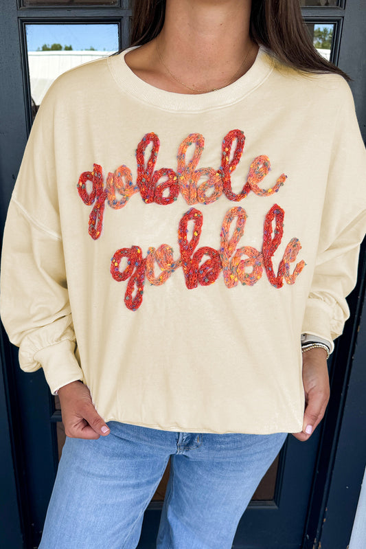 Thanksgiving Gobble Gobble Embroidered Pattern Drop Shoulder Crew Neck Sweatshirt