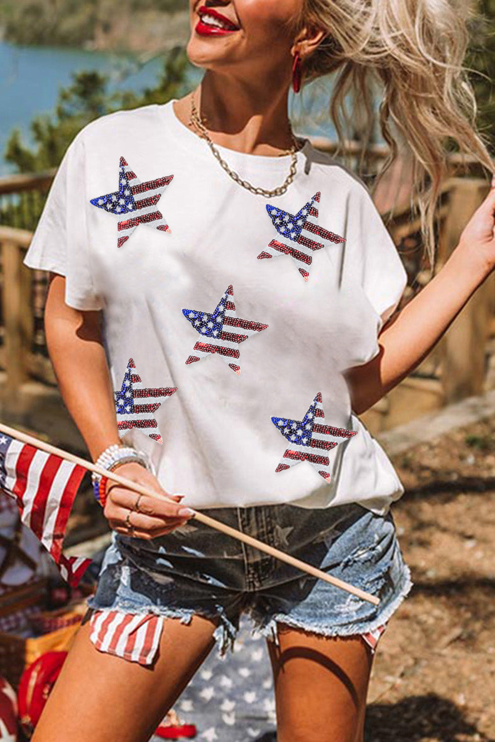 White Sequined American Flag Star Graphic T Shirt