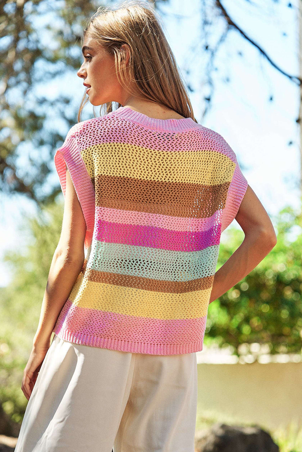 Striped Crochet Cap Sleeve Loose Fit Sweater Vest