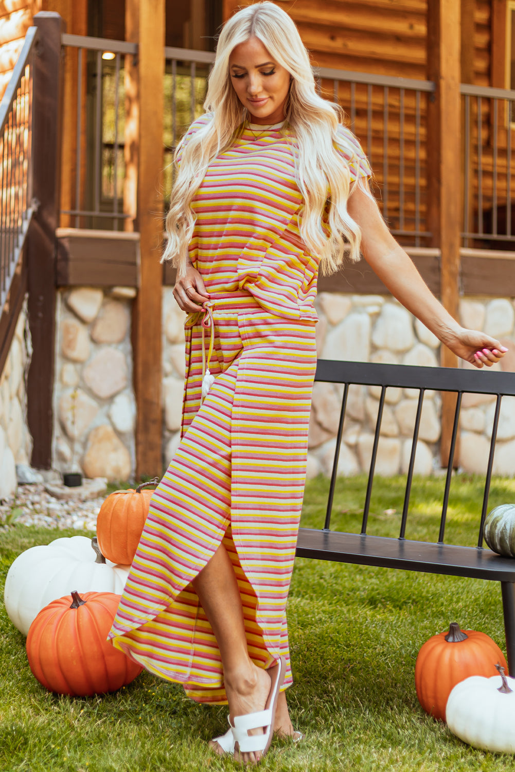 Stripe Tee Tasseled String Wide Leg Pants Set