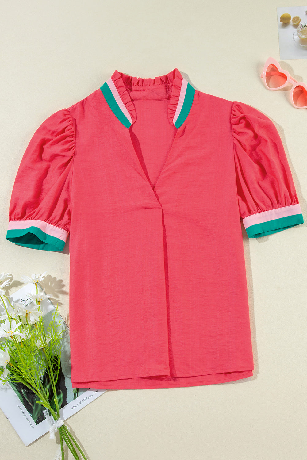 Colorful Trim V Neck Short Sleeve Blouse