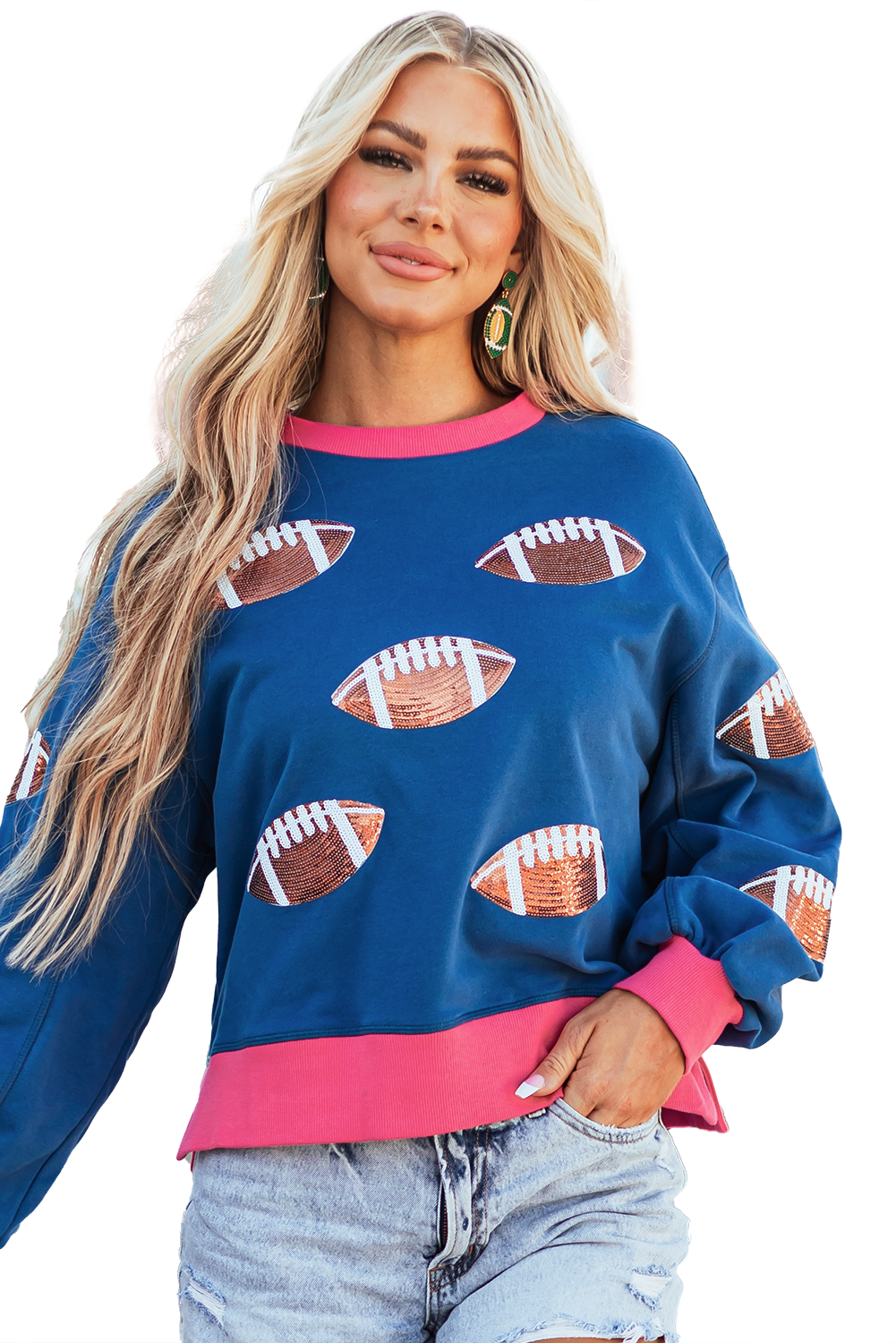 Blue Sequin Football Color Block Bubble Sleeve Sweatshirt