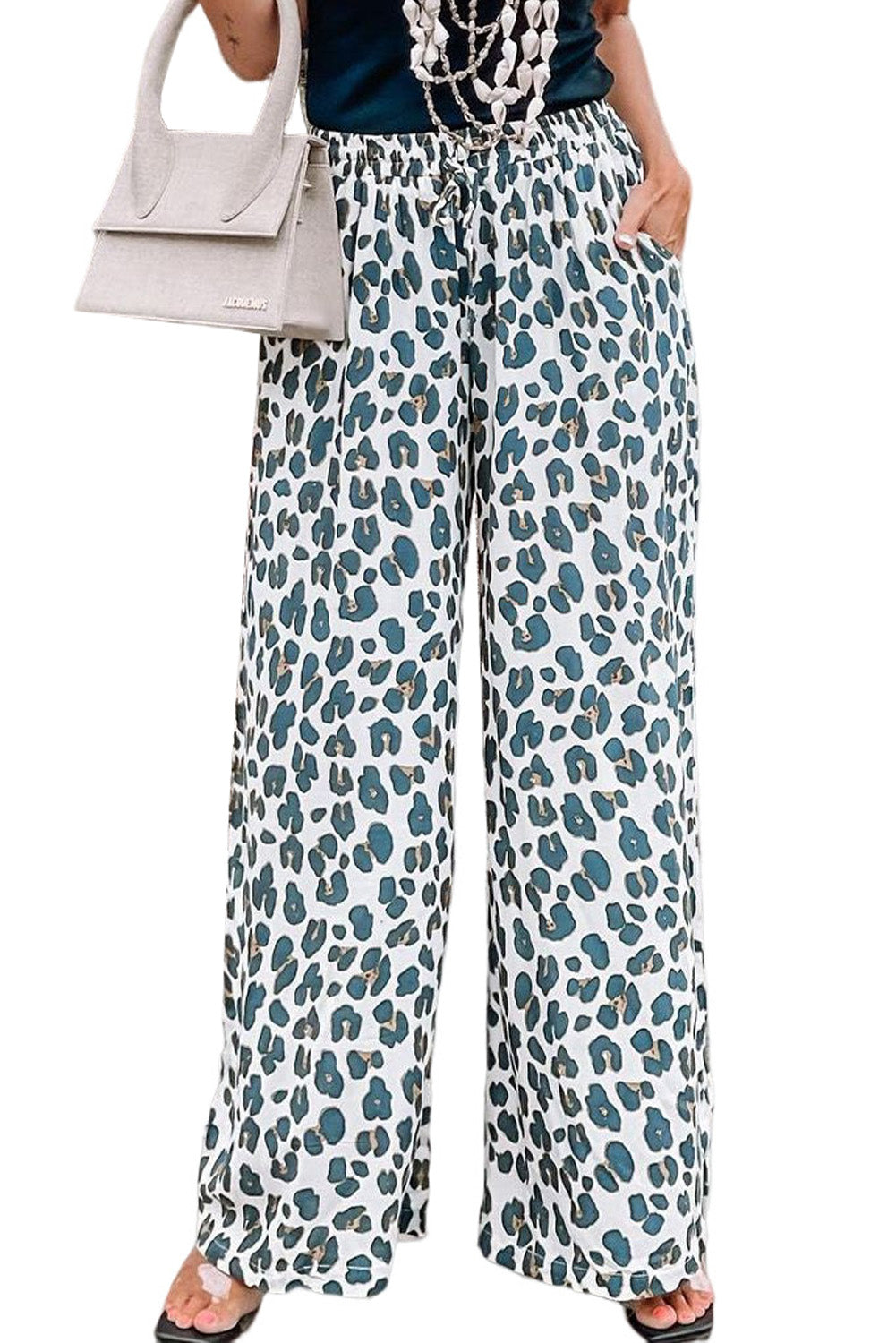 White Leopard Print Pocketed Wide Leg Pants