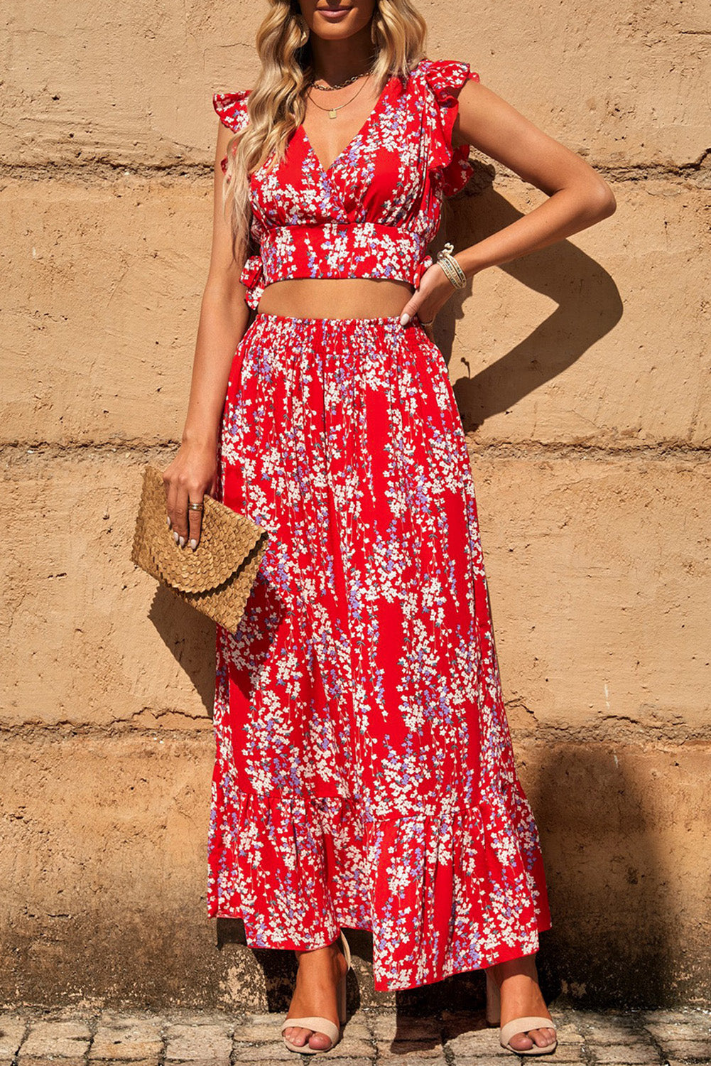 White Floral Ruffled Crop Top and Maxi Skirt Set