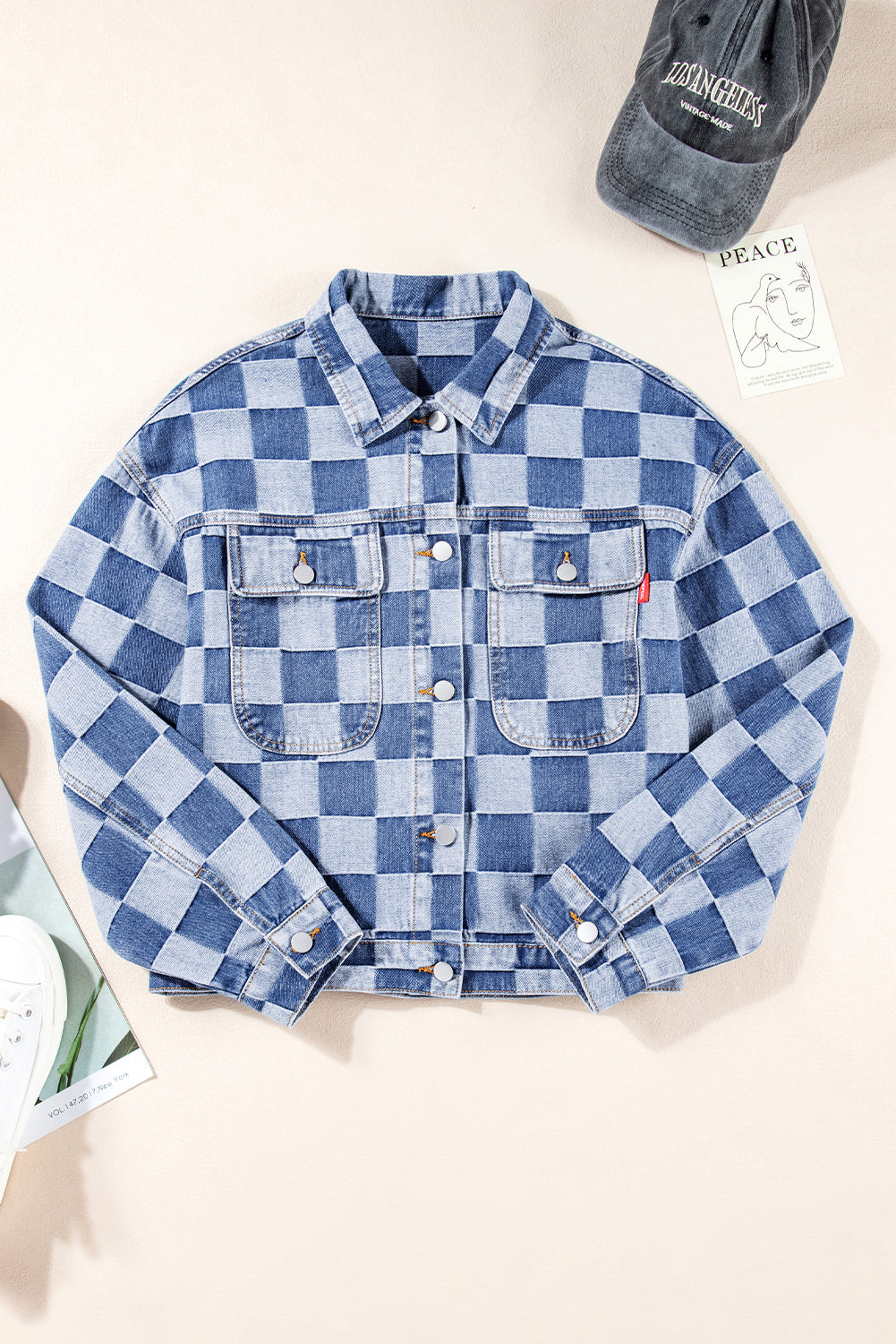 Checkered Patchwork Button up Denim Jacket