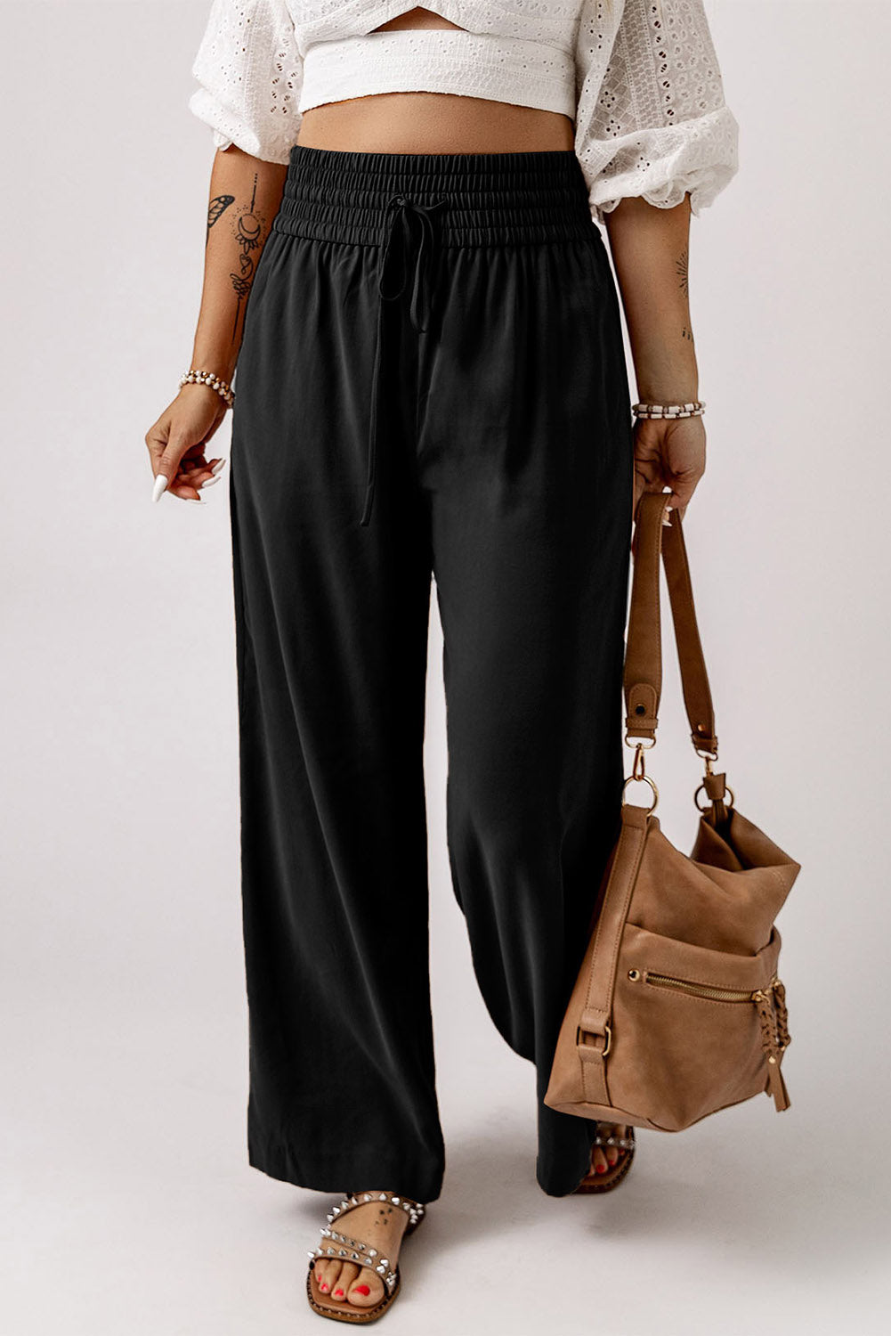 Green Brown Drawstring Elastic Waist Casual Wide Leg Pants