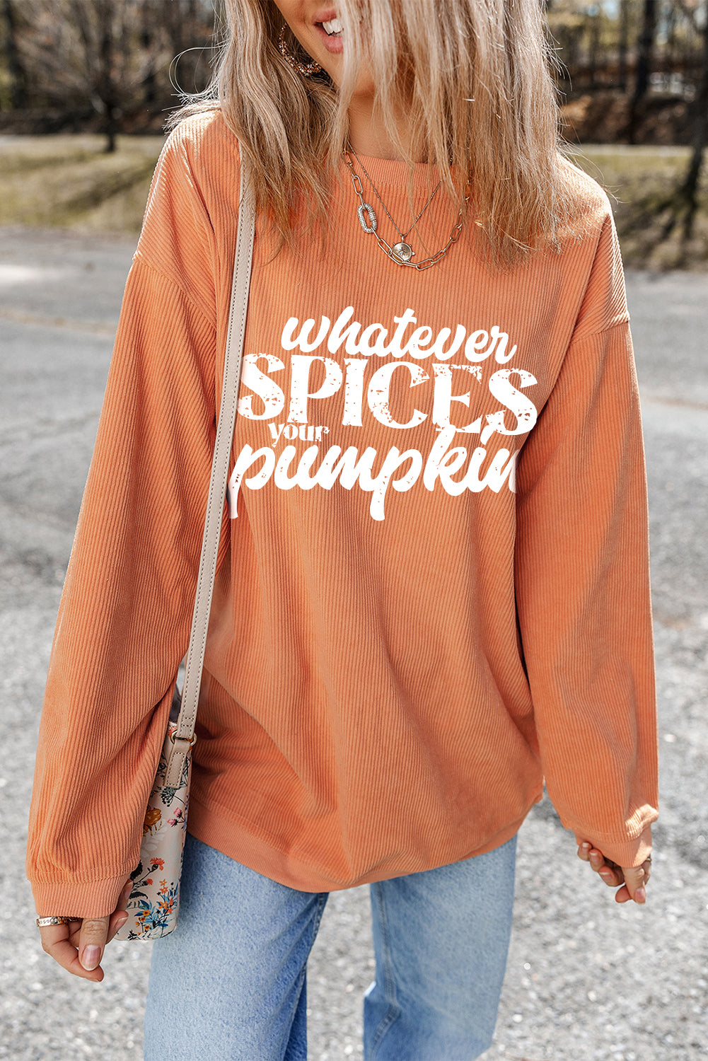 Whatever Spices Your Pumpkin Graphic Corded Pullover Sweatshirt