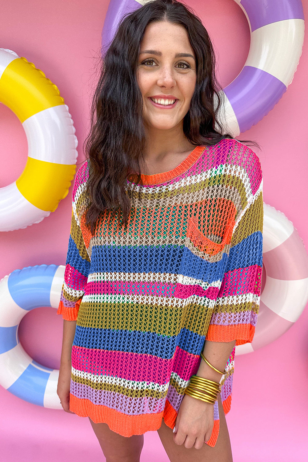 Striped Colorblock Hollowed Crochet 3/4 Sleeve Sweater