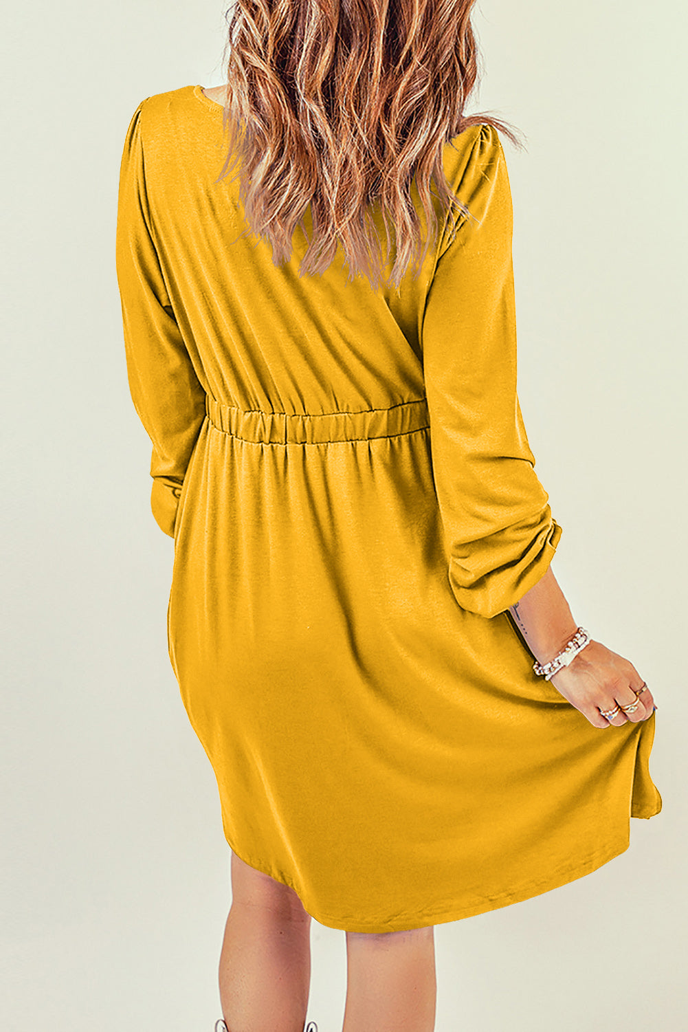 Green Button Up High Waist Long Sleeve Dress