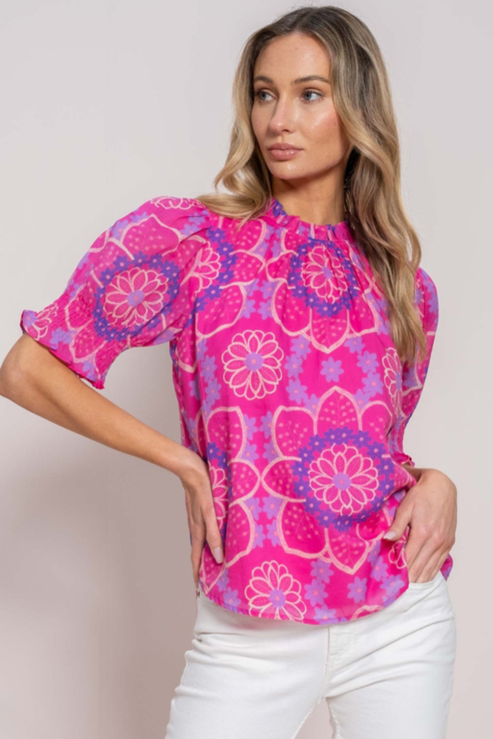 Floral Print Frilled Neck Smocked Puff Sleeve Blouse