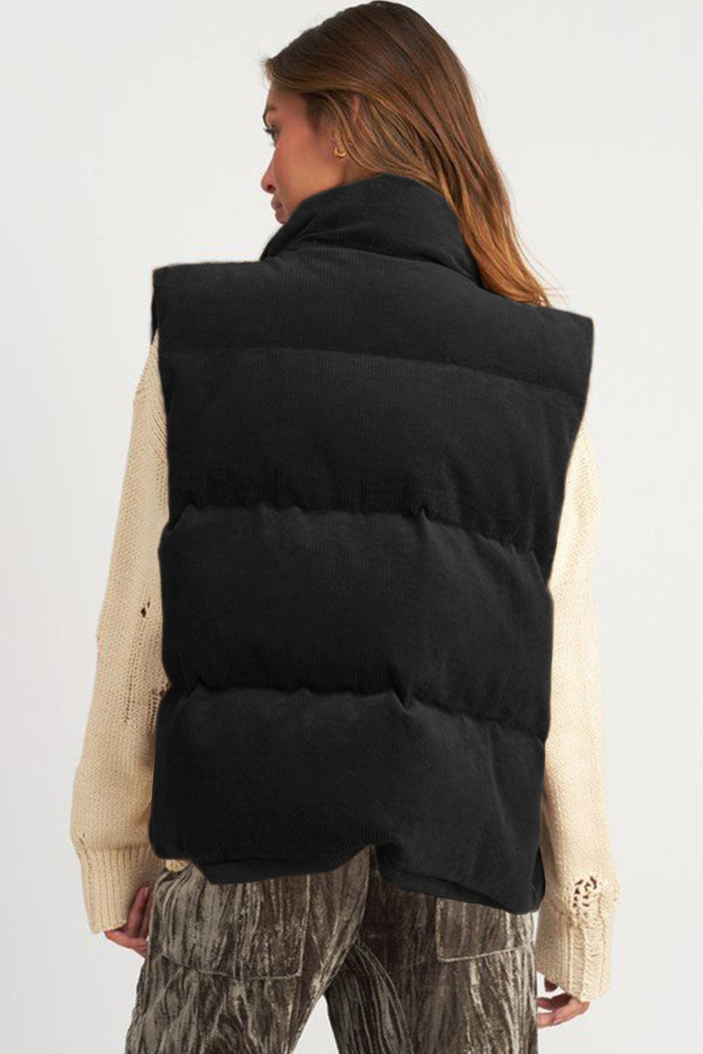 Corduroy Stand Neck Zipped Puffer Vest