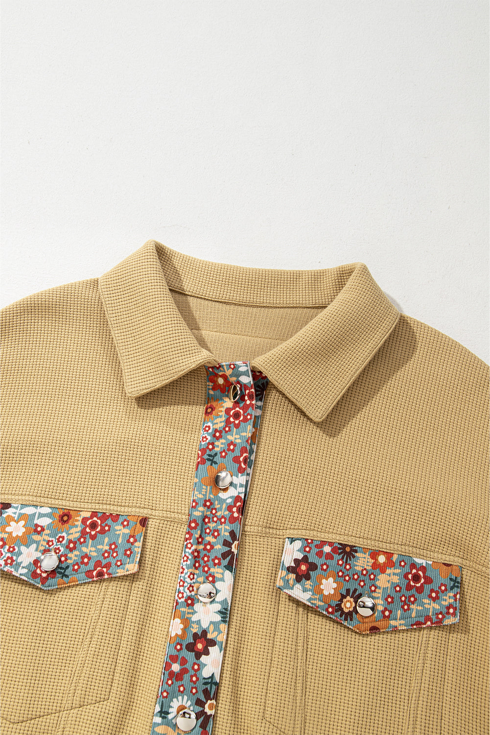 Waffle Knit Floral Print Patchwork Button up Jacket