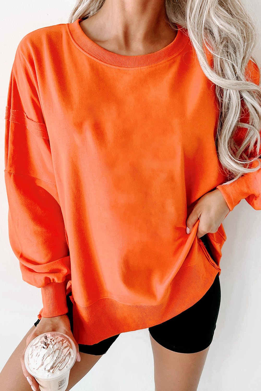 Exposed Seam Drop Shoulder Round Neck Sweatshirt with Slits