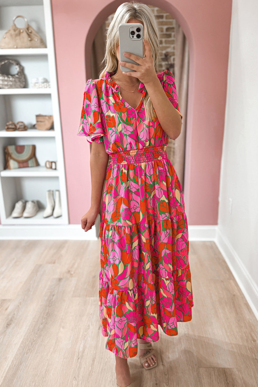 Pink Floral Short Sleeve Smocked Waist Maxi Dress