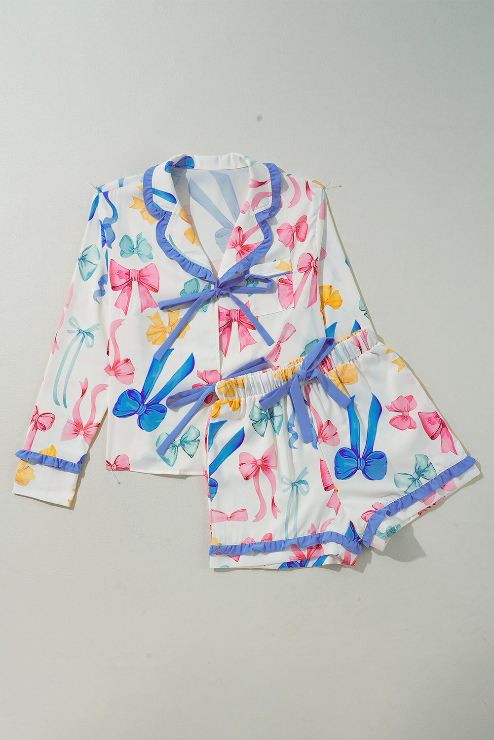 Bow Print Tied Ruffled Pajama Set