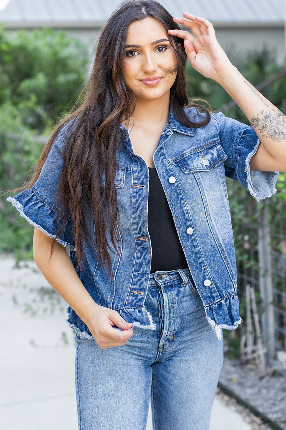 Raw Edge Ruffled Short Sleeve Denim Jacket