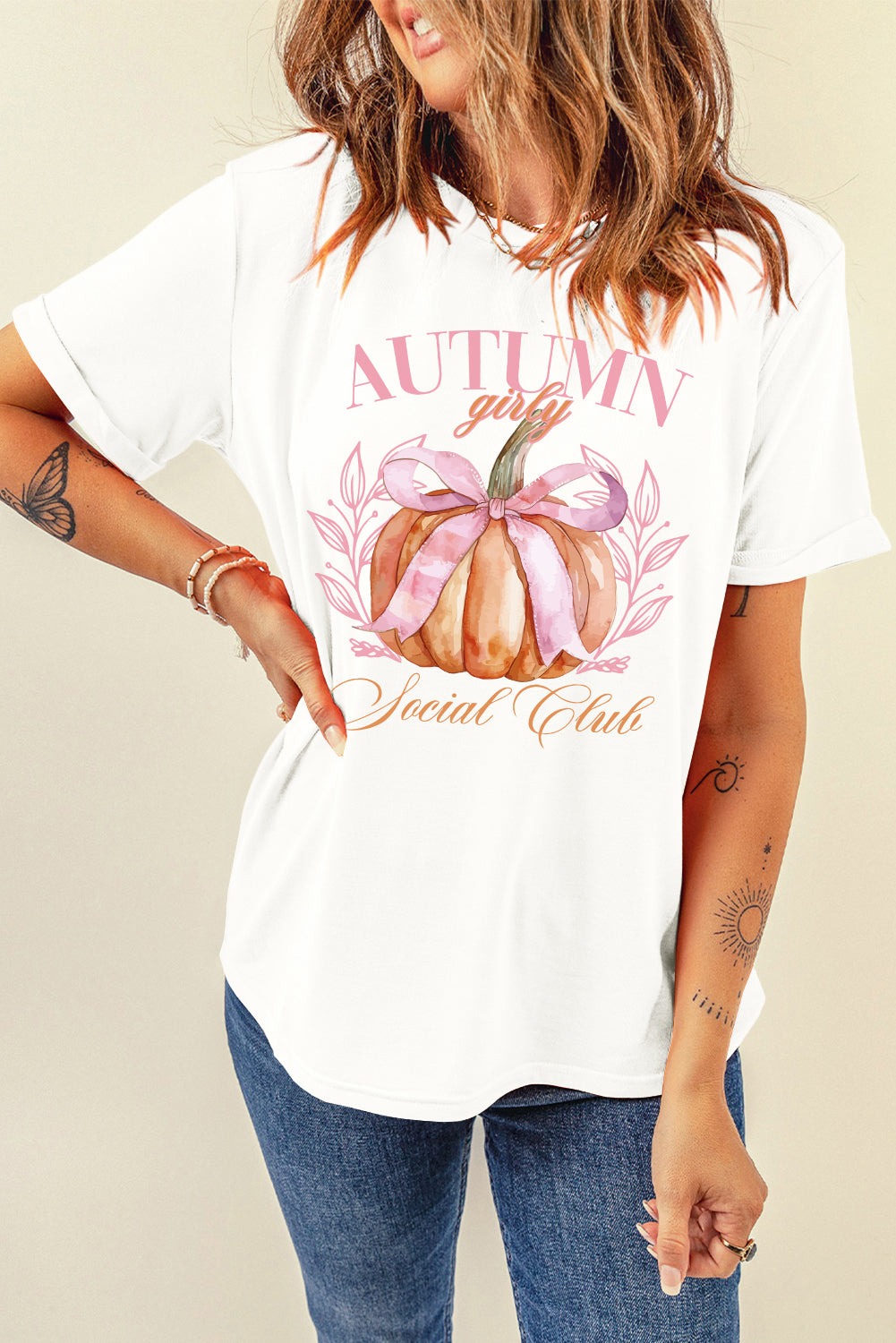 Autumn Girly Thanksgiving Bowknot Pumpkin Graphic T Shirt