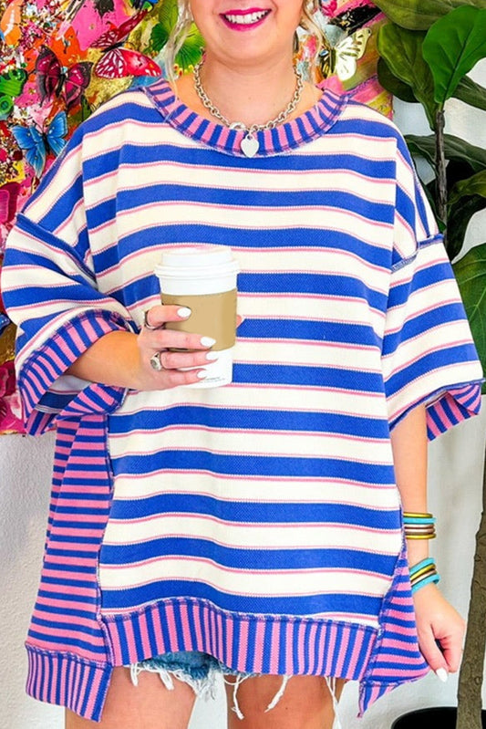 Blue Stripe Patchwork Exposed Seam Drop Shoulder Oversized Top