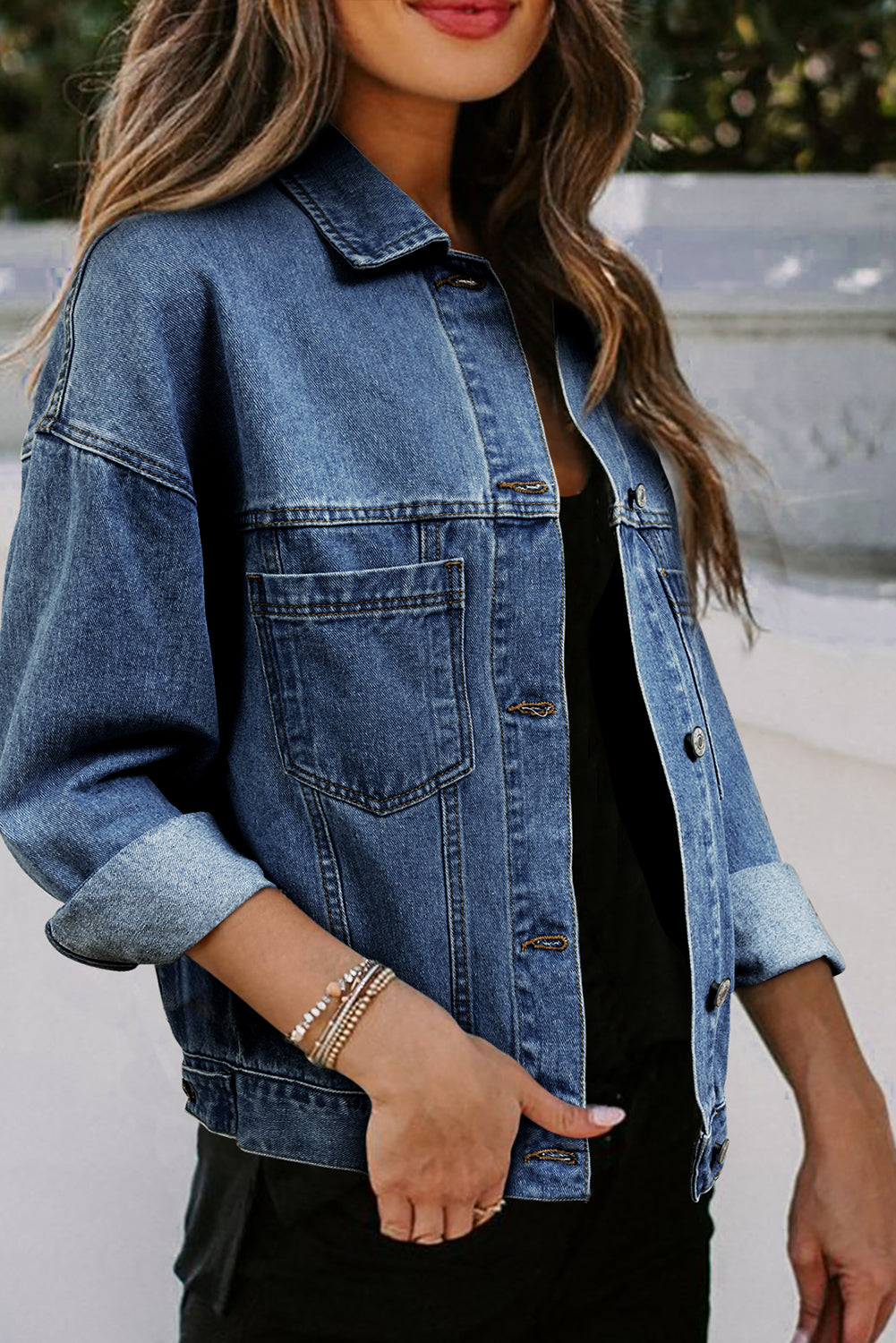 Black Washed Oversize Pocketed Denim Jacket