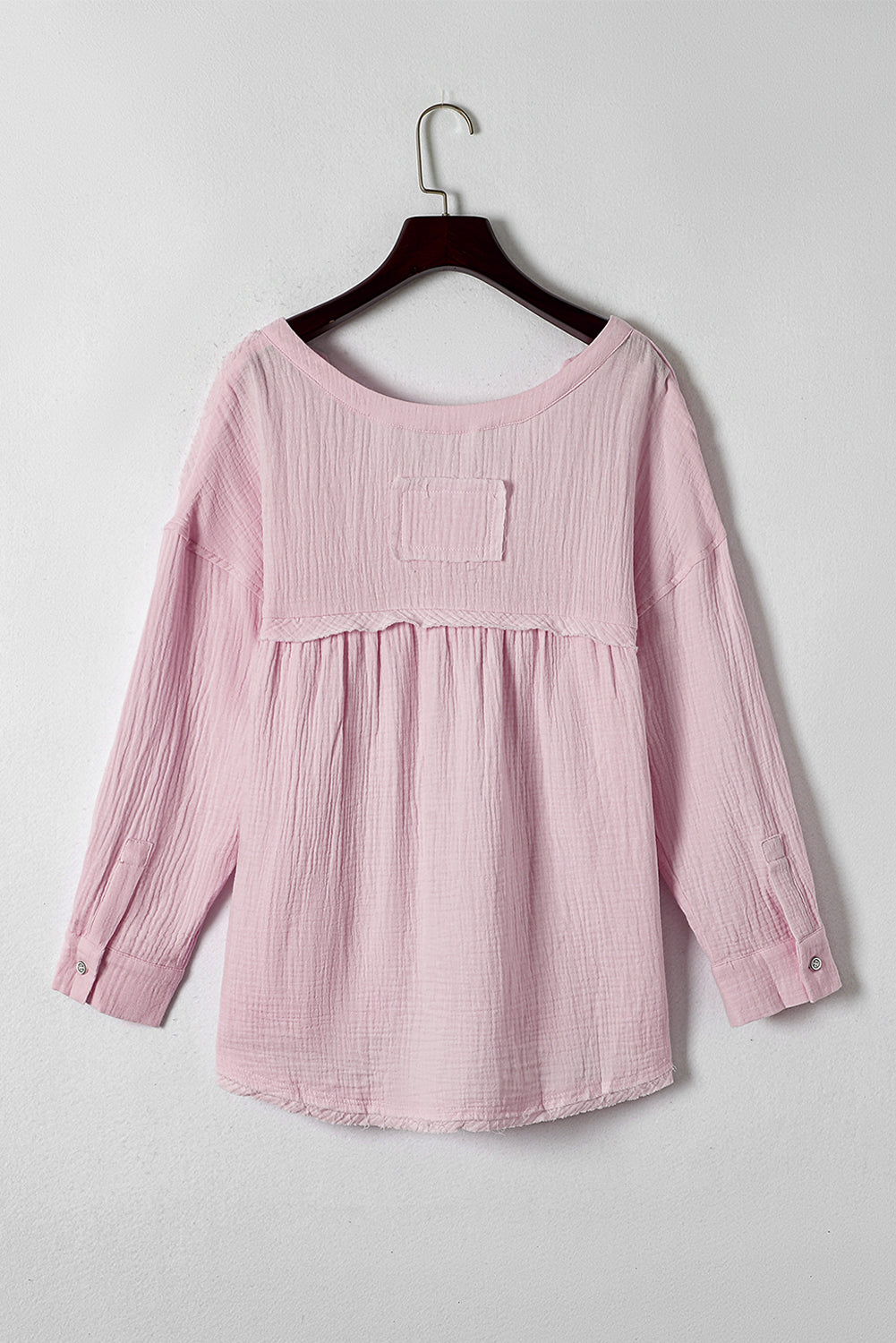 Pink Crinkle Long Sleeve Distressed Split Henley Top