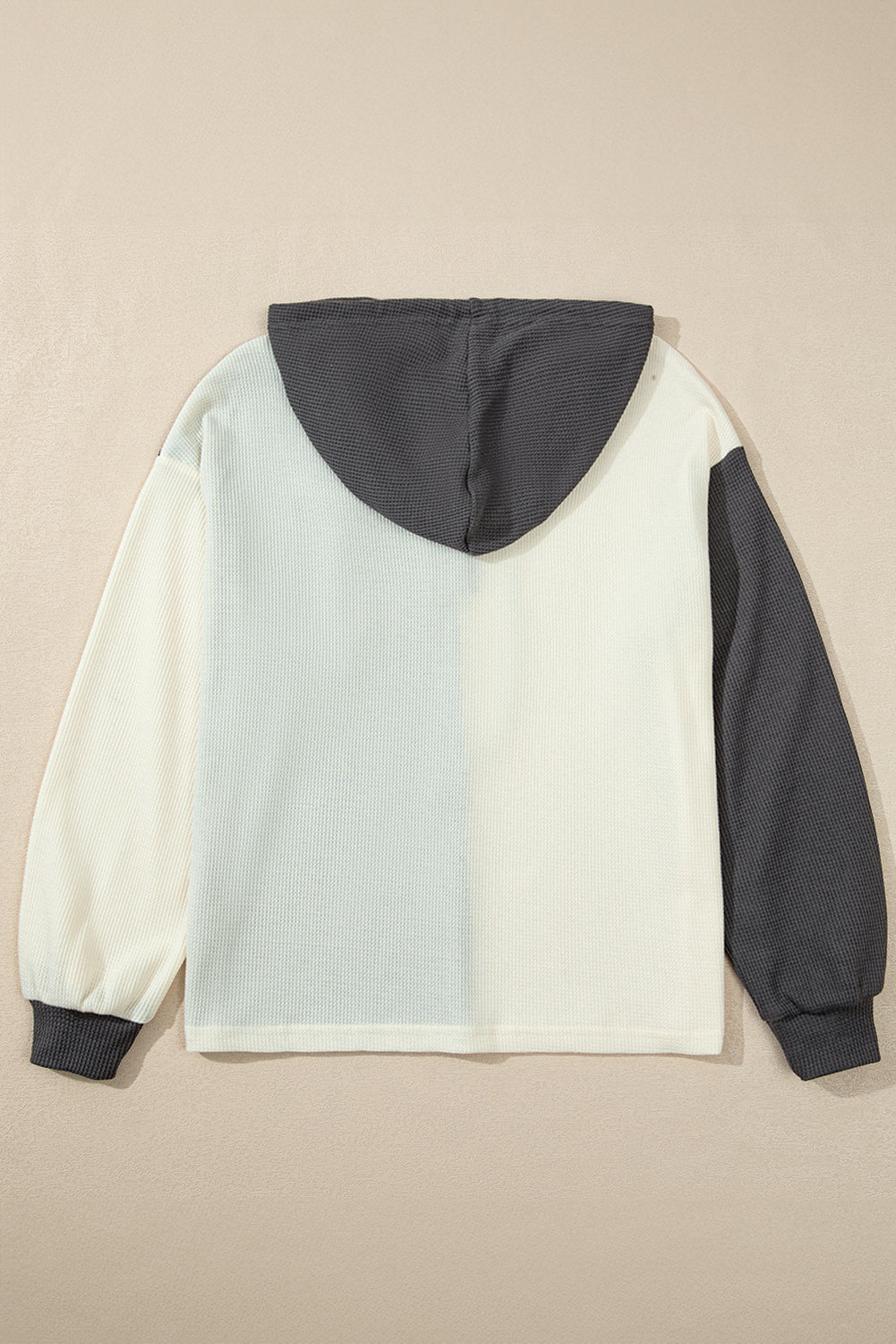 Waffle Colorblock Buttons Placket Drop Shoulder Drawstring Hoodie