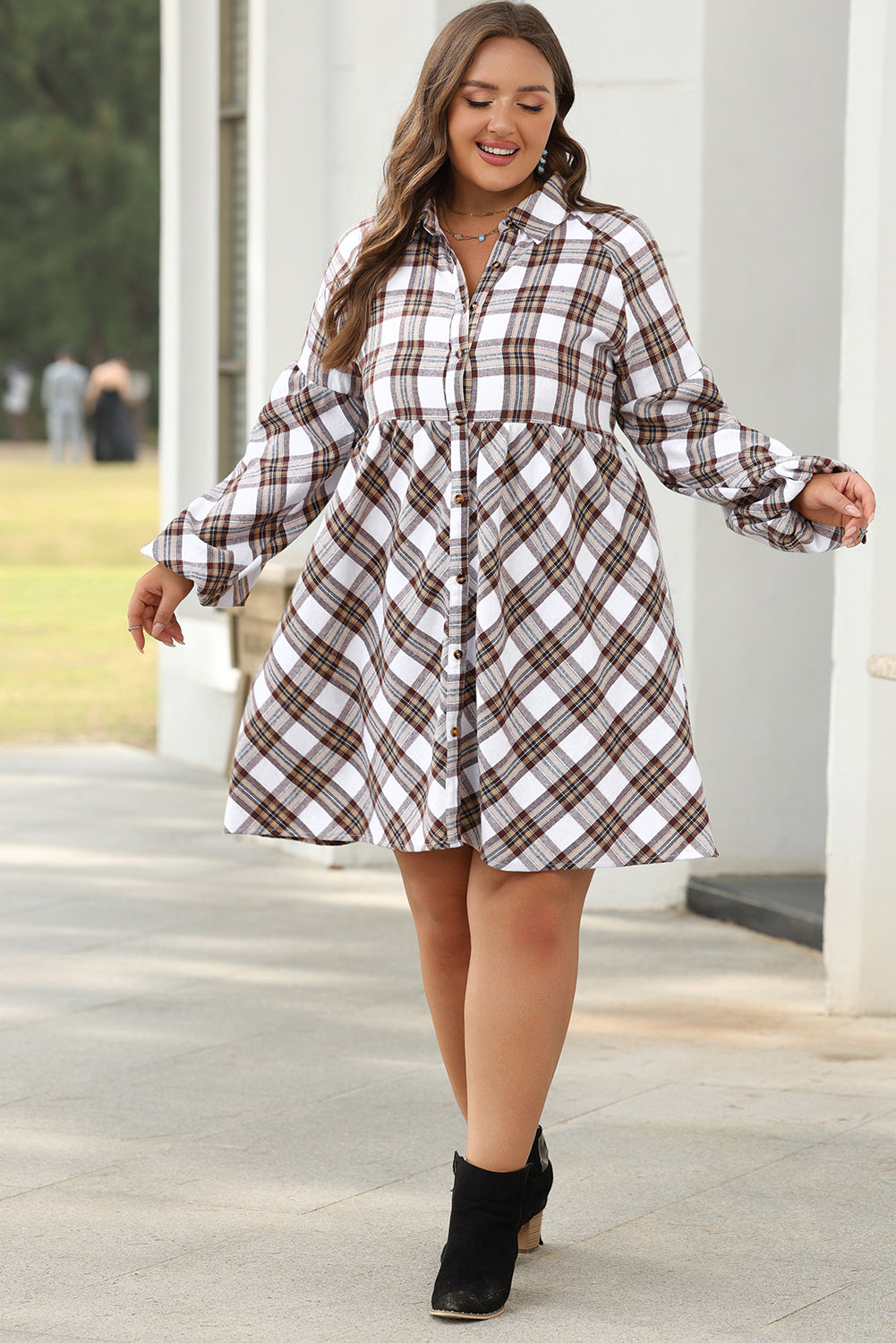 Plaid Bubble Sleeve Flowy Shirt Dress