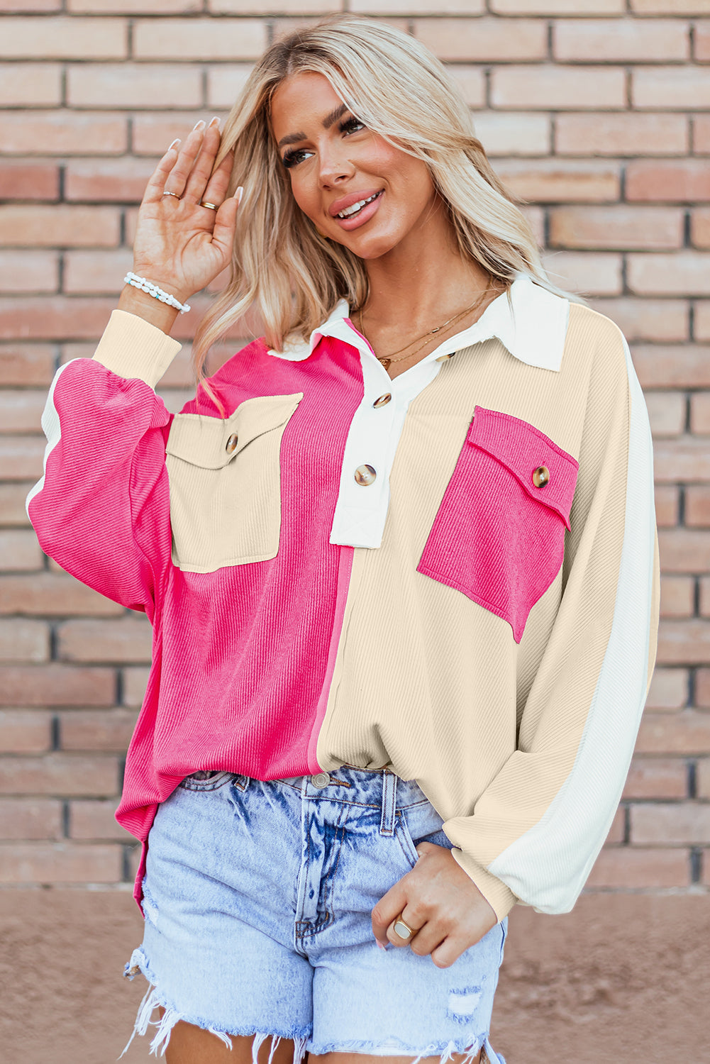 Beautiful Colorblock Ribbed Collared Oversized Sweatshirt