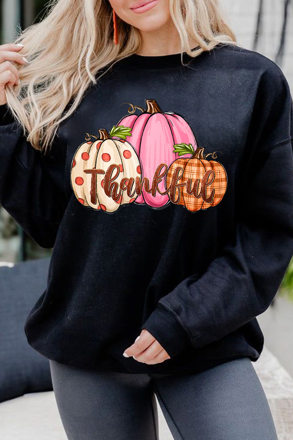 Pumpkin Thankful Drop Shoulder Thanksgiving Pullover Sweatshirt