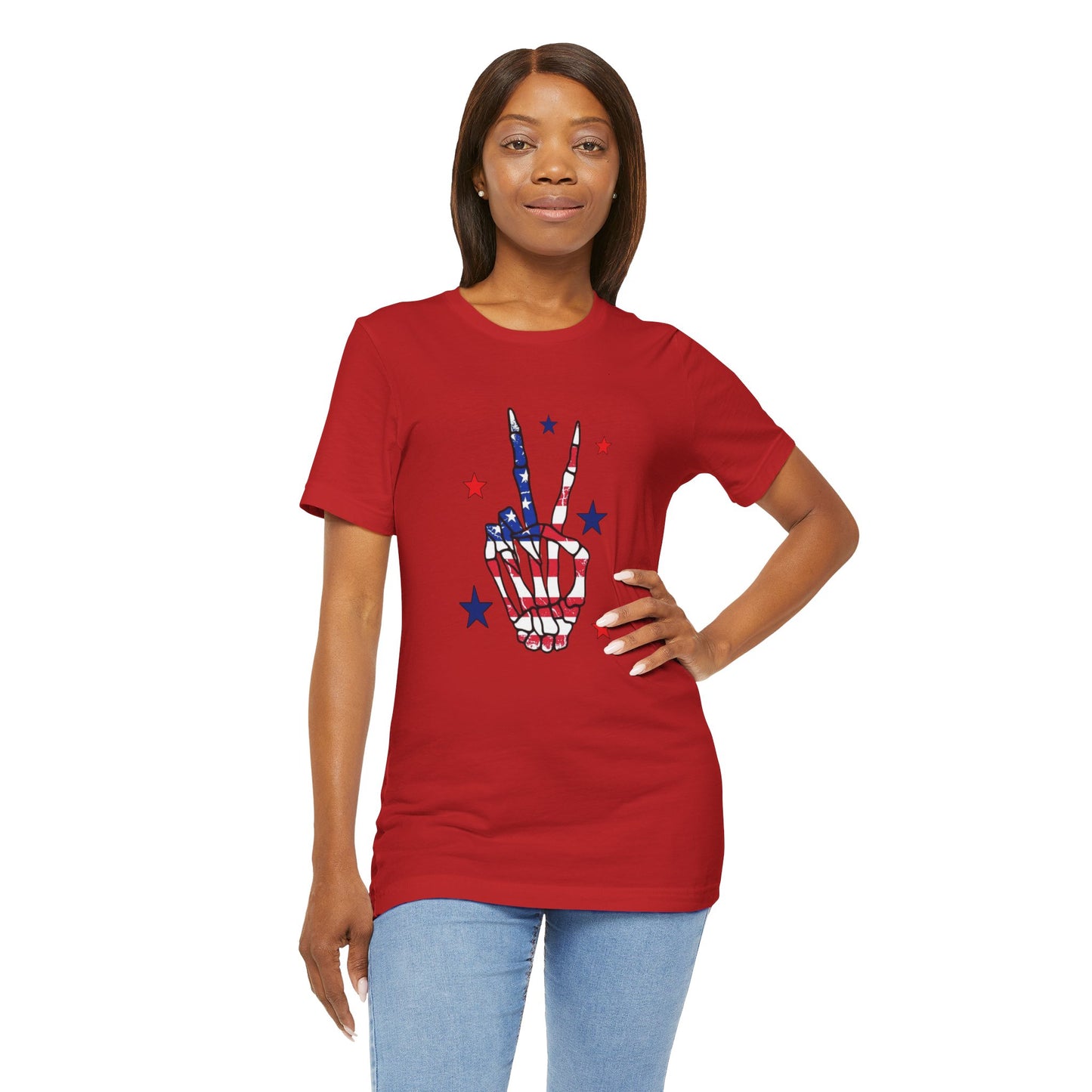 Patriotic Skeleton Peace Hand Unisex Jersey Short Sleeve Tee