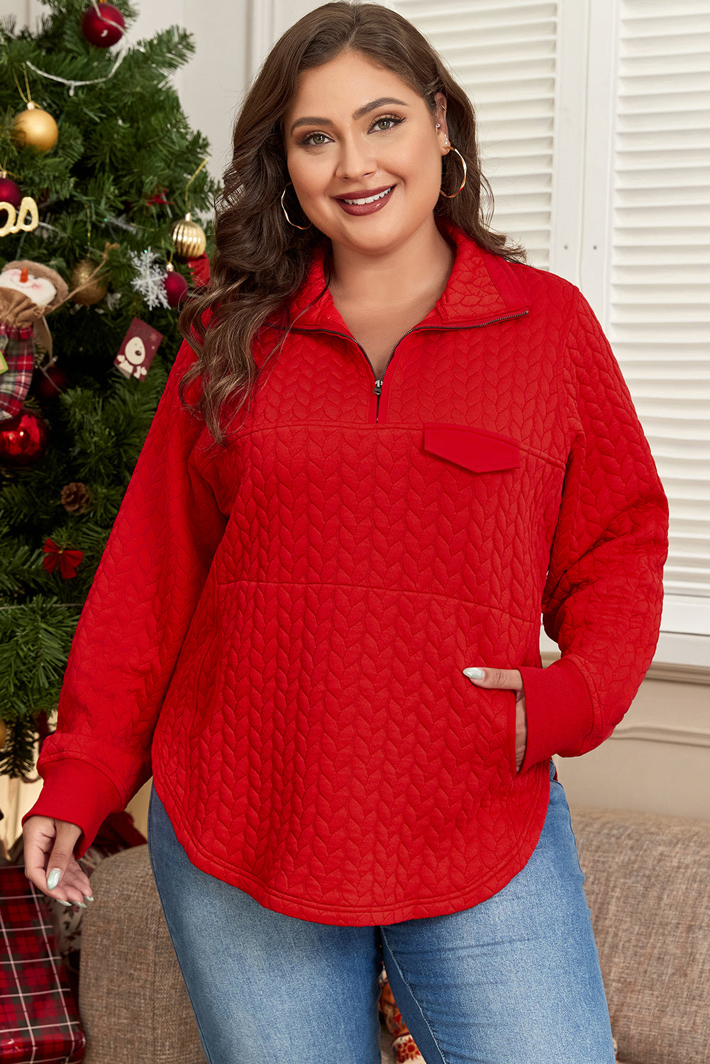 Cable Textured Quarter Zip Pocketed Plus Size Pullover