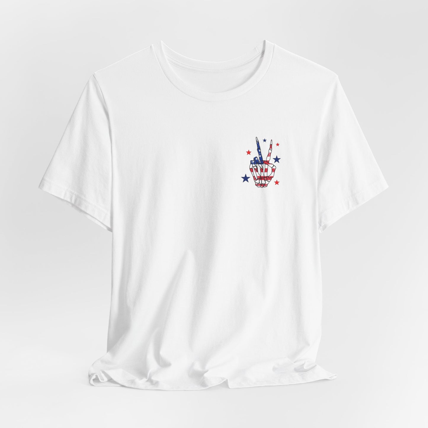 Patriotic Skeleton Peace Hand (Front & Back) Unisex Jersey Short Sleeve Tee