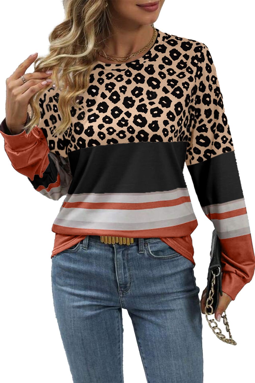 Leopard Color Block Crewneck Long Sleeve Top