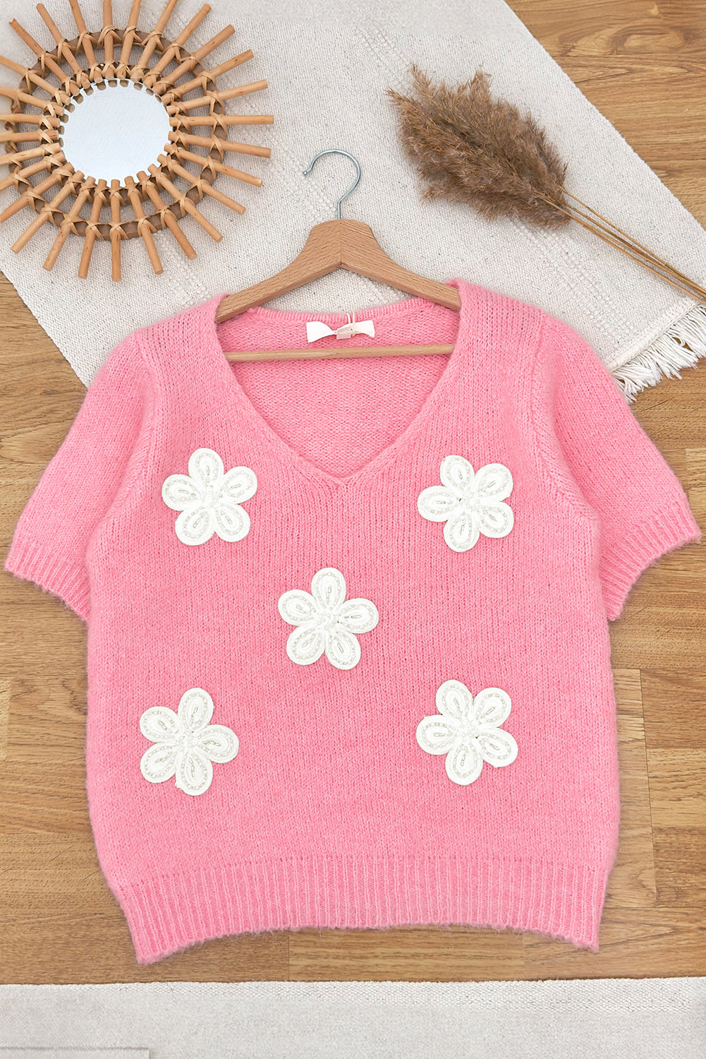 Flower Crochet V Neck Short Sleeve Sweater