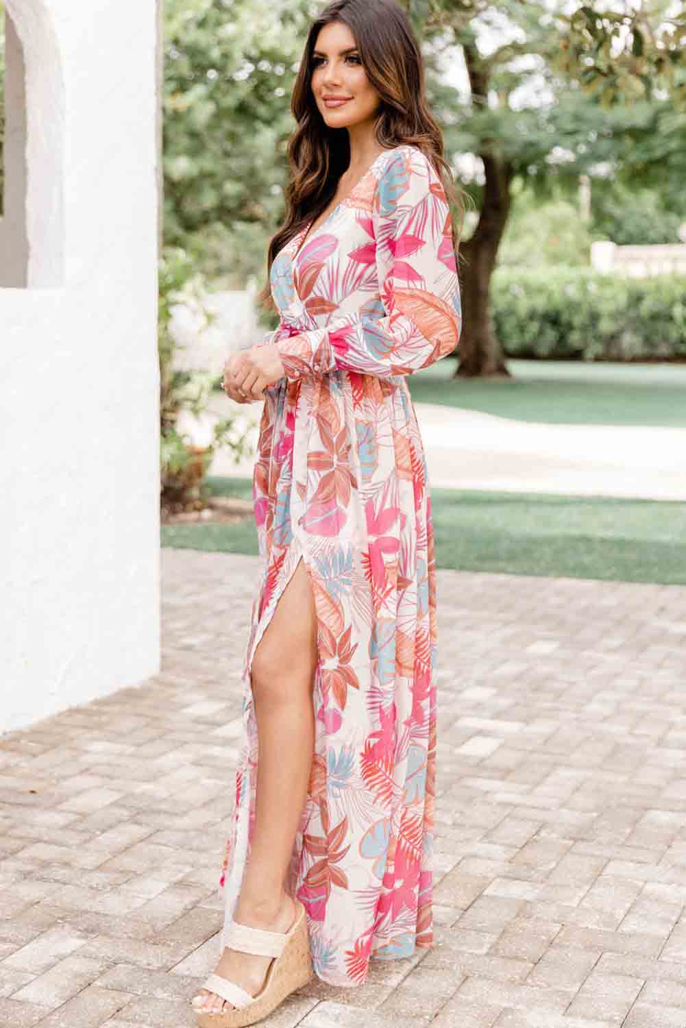 Tropical Plant Print Long Sleeve Wrap V-Neck Slit Maxi Dress