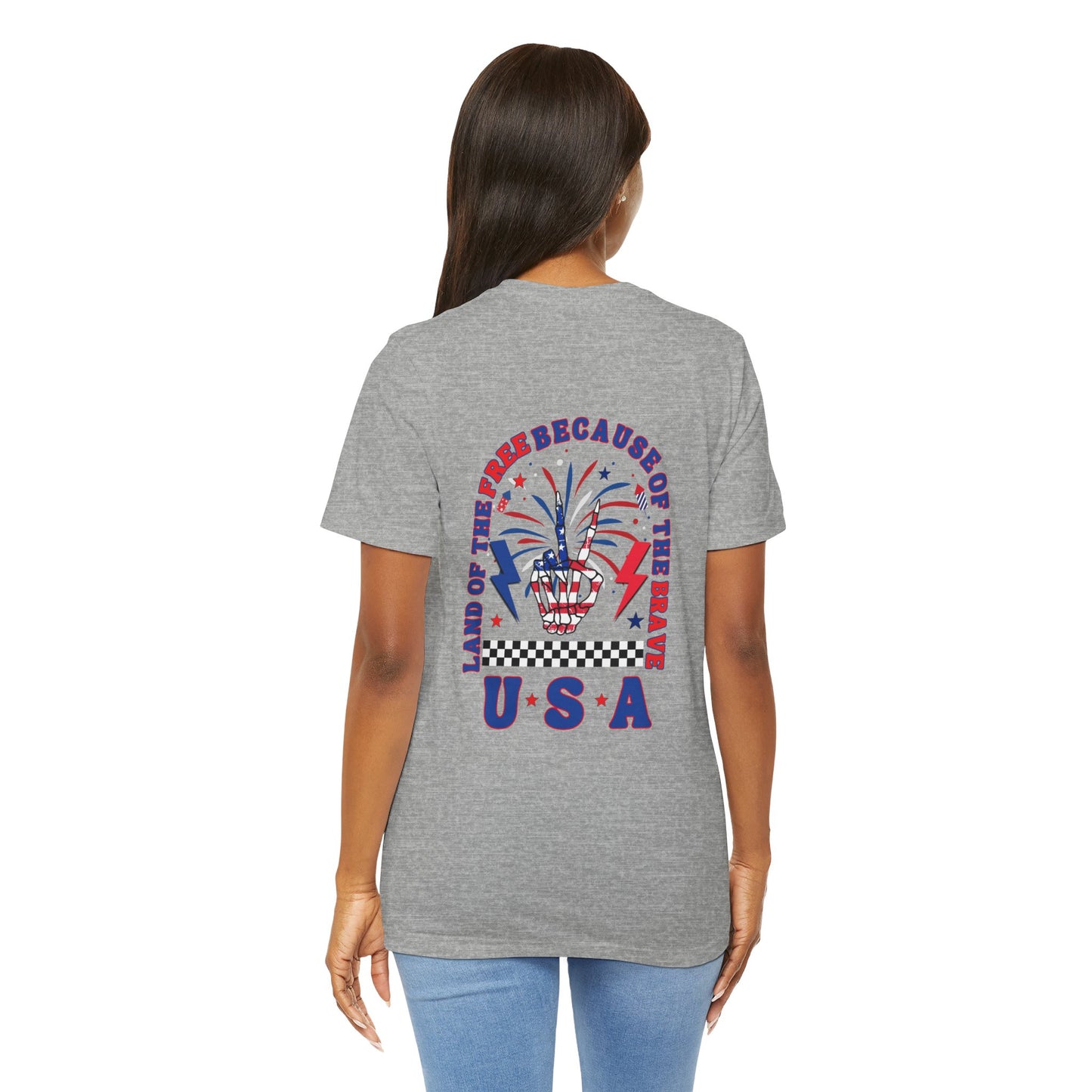 Patriotic Skeleton Peace Hand (Front & Back) Unisex Jersey Short Sleeve Tee