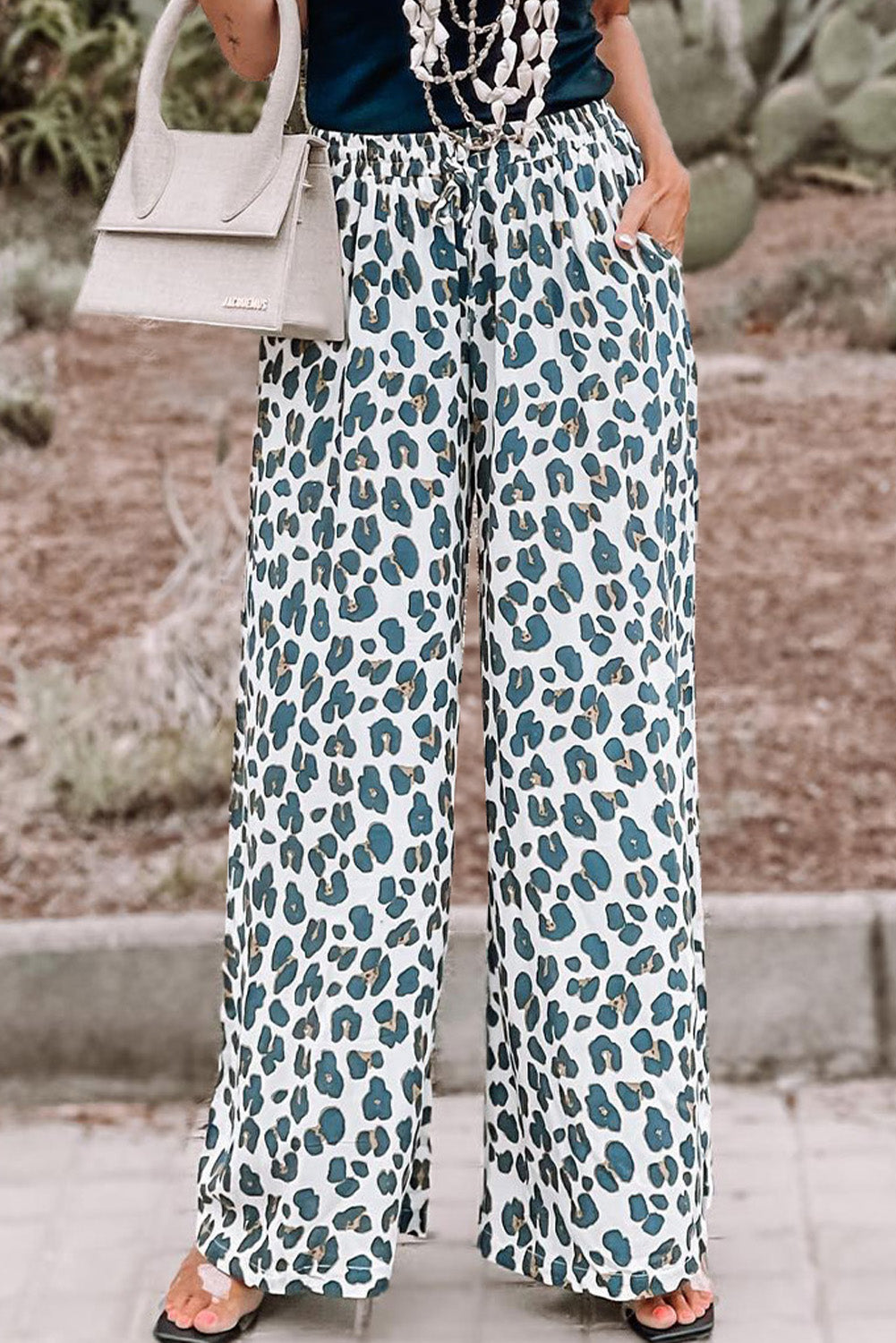 White Leopard Print Pocketed Wide Leg Pants