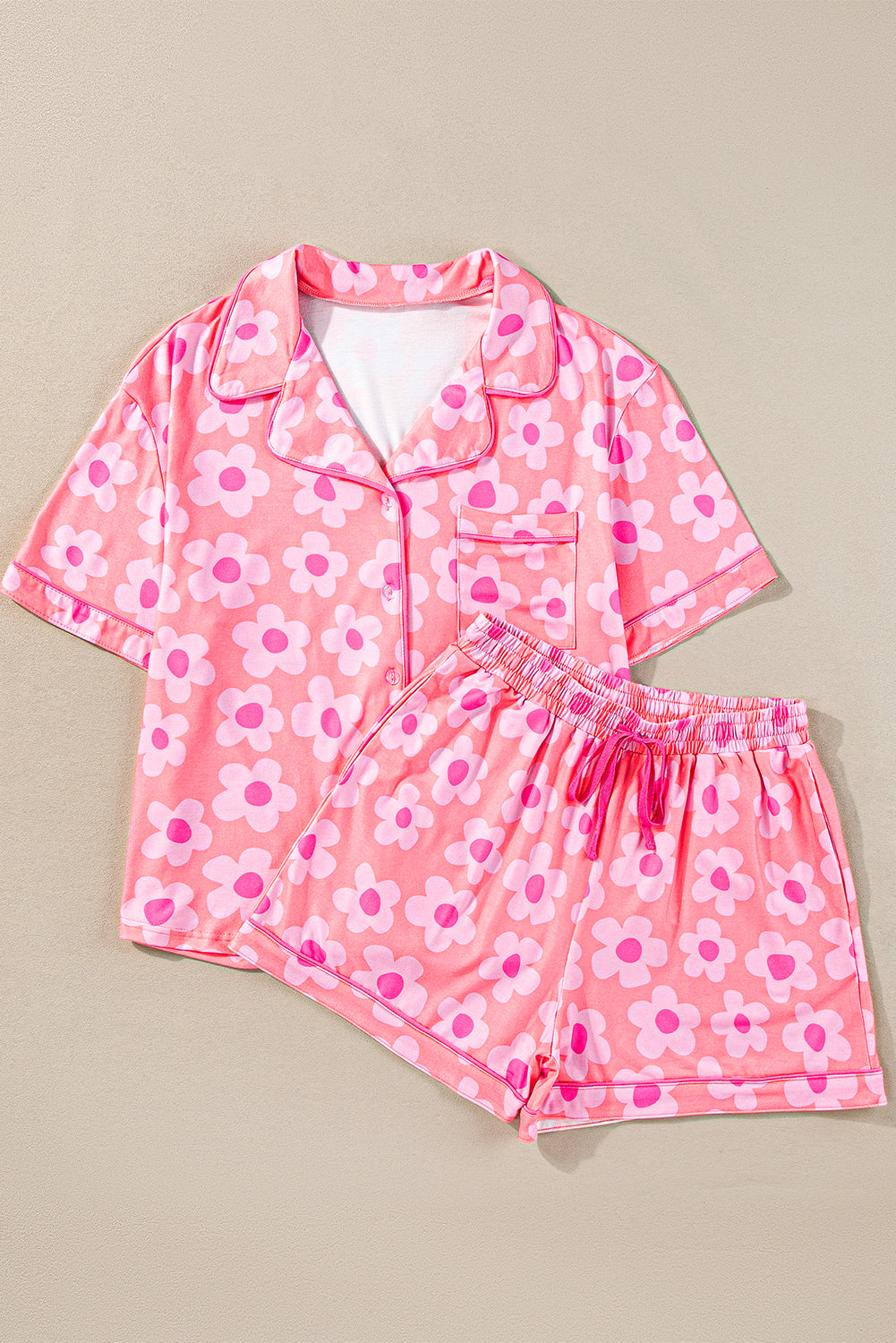 Orange Flower Print Short Sleeve Shirt Pajamas Set