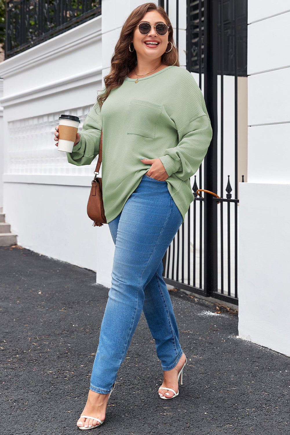 Plus Size Corded Knit Pocketed Crew Neck Top