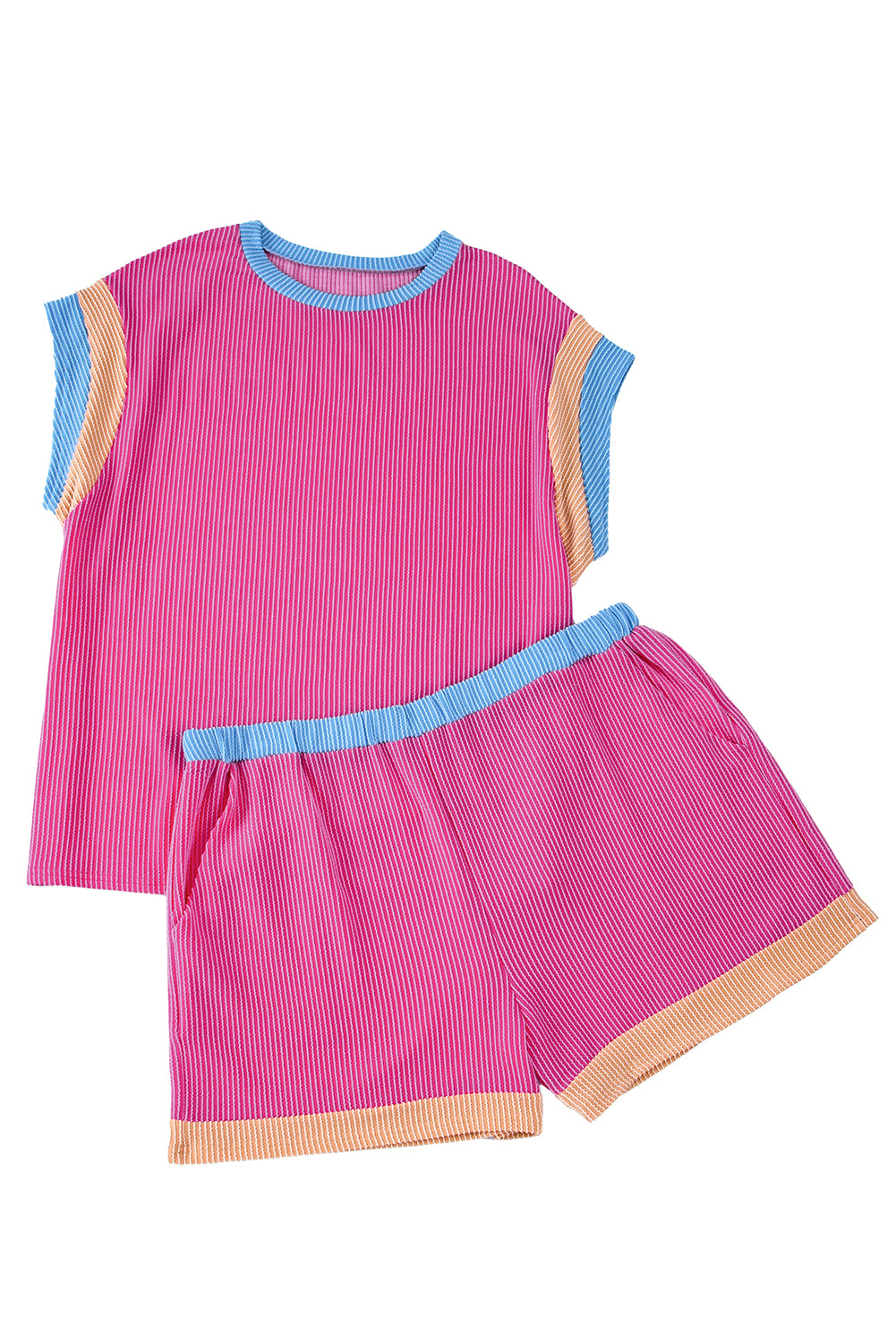 Bright Pink Textured Knit Contrast Trim Plus Shorts Set